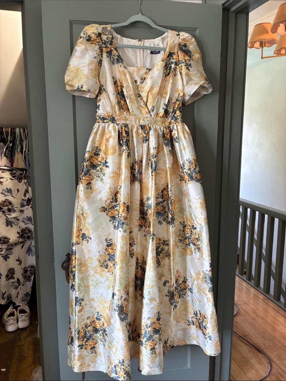BHLDN Yellow, Cream & Navy Floral Maxi Dress